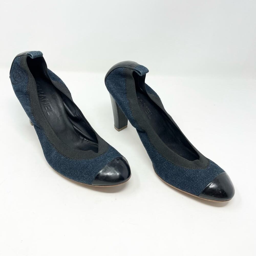 Chanel Ballet Cap Toe Leather Pump Black Denim Spirit Stretch Pump Vintage 41